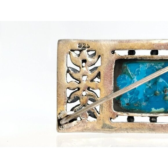 Art Deco Sterling Silver Natural Turquoise Marcasite Double Vintage Brooch Pin - Picture 6 of 10